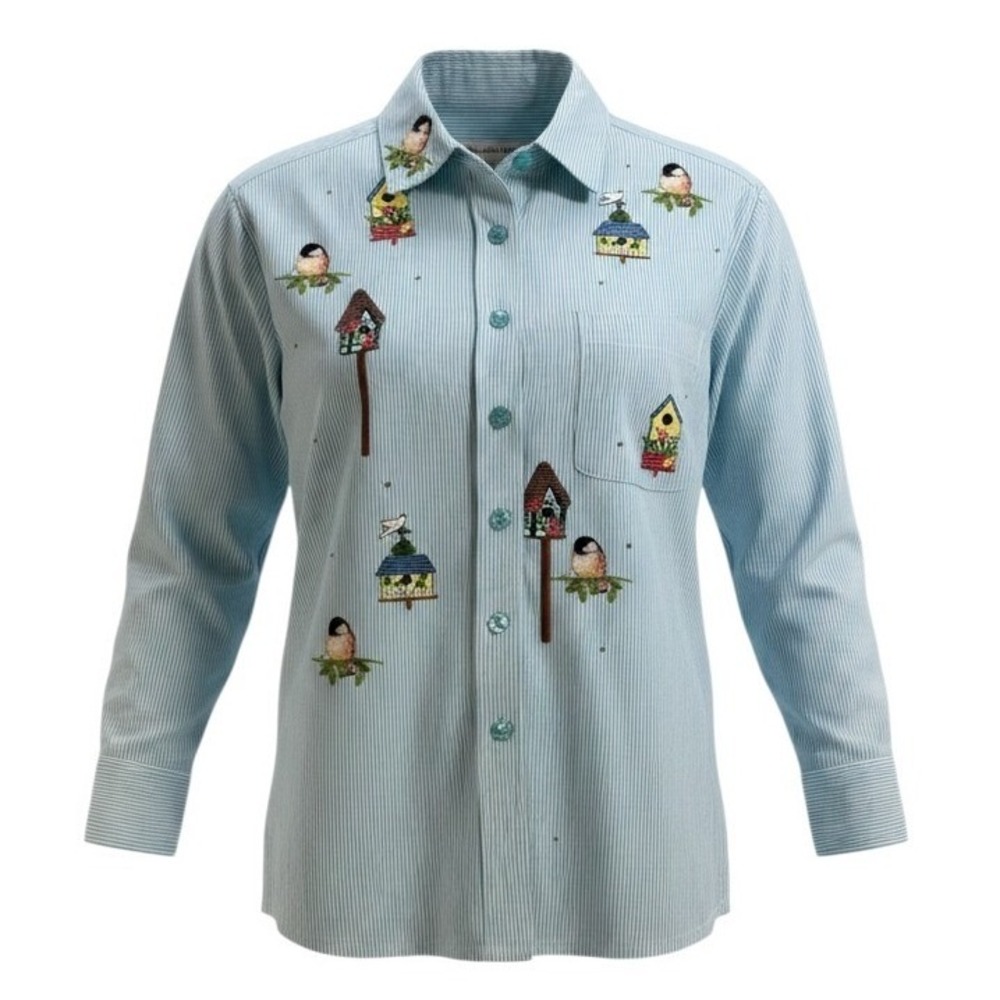 Vintage Birdhouse Embroidered Button Up Shirt Cottagecore Striped Petite Large
